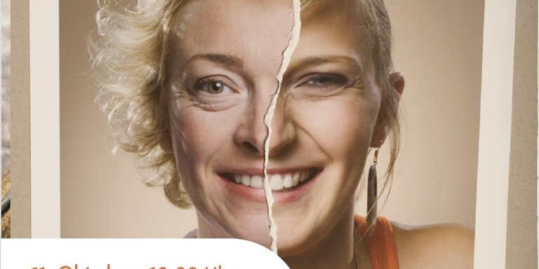 Flyer Frau mit zwei Gesichtern geschminkt und ungeschminkt